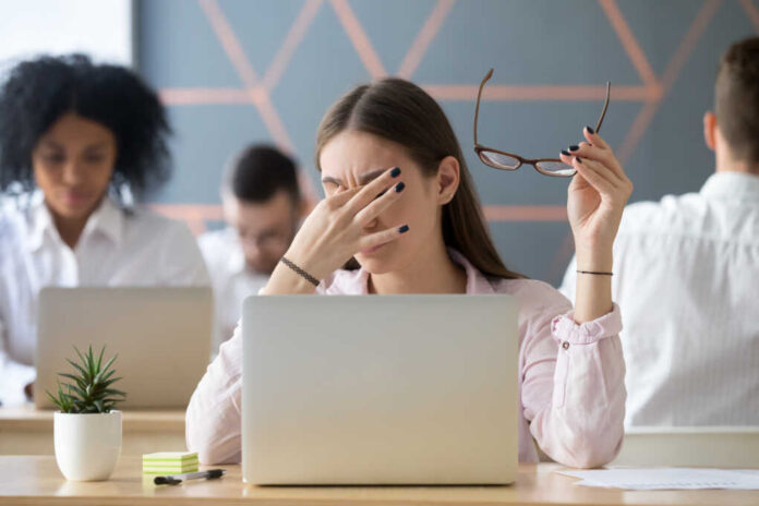 Young,Woman,Taking,Off,Glasses,Tired,Of,Computer,Work,,Exhausted