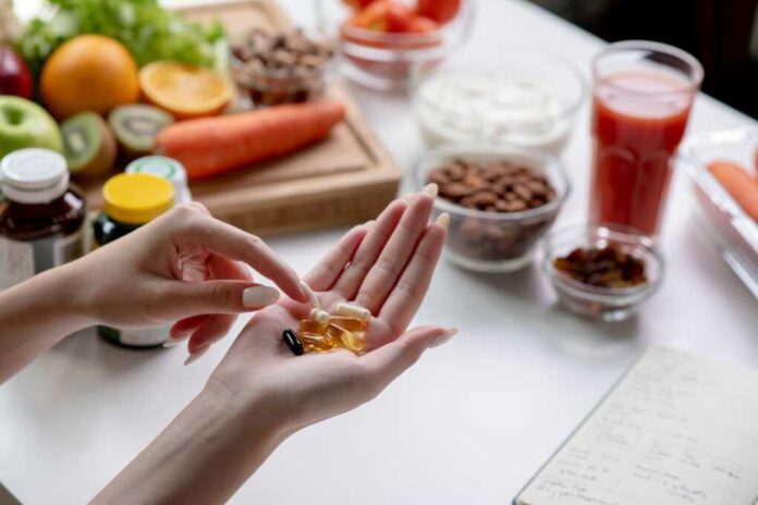 Woman,Professional,Nutritionist,Checking,Dietary,Supplements,In,Hand,,Surrounded,By