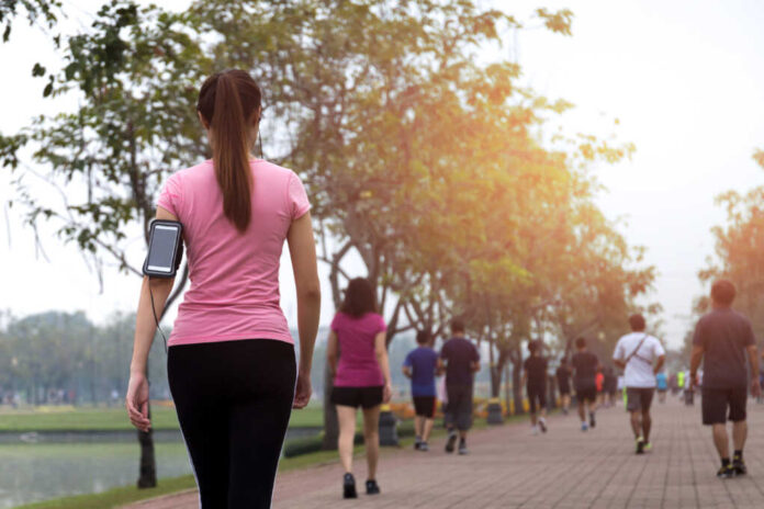 Group,Of,People,Exercise,Walking,In,The,Park,In,Morning