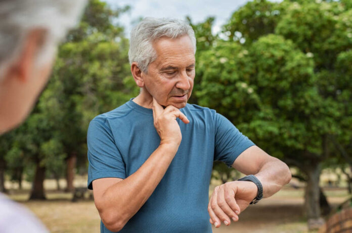 Senior,Tired,Man,Checking,Pulse,After,Workout.,Old,Man,Measuring