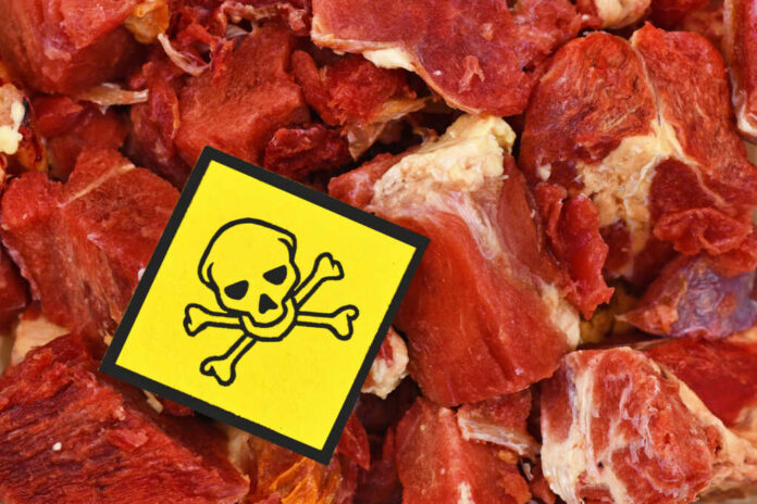 Raw,Meat,With,Yellow,Poisonous,Skull,Warning,Sign,,Concept,For
