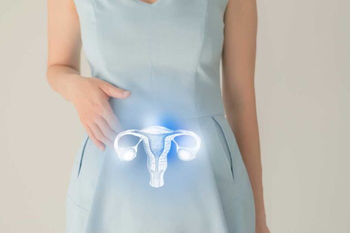 Unrecognizable,Female,Patient,In,Blue,Clothes,,Highlighted,Handrawn,Uterus,In