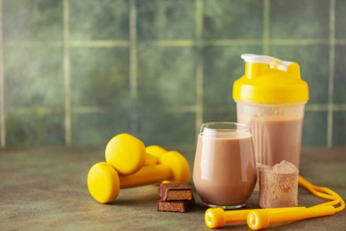 Protein,Sport,Shake,And,Workout,Equipment.,Fitness,Food,And,Drink.