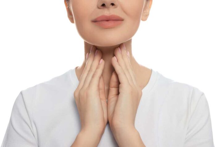 Endocrine,System.,Woman,Doing,Thyroid,Self,Examination,On,White,Background,