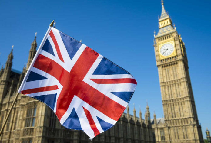 United,Kingdom,Flag,Waving,In,Bright,Blue,Sky,In,Front